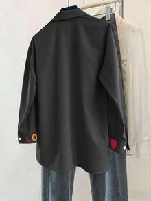 Franclia 经典条纹长袖衬衫，精致刺绣图案，宽松舒适 - 黑色 - 查看 2