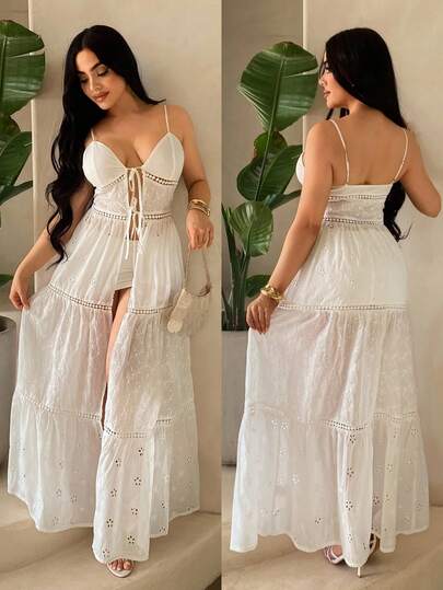 SHEIN SXY Women's Vacation Tie Front Sleeveless Floral Embroidered Long Camisole Top