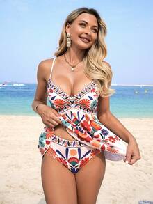 Swim Lushoire Women's 2pcs Floral Random Print Sexy Camisole & Bikini Set, Summer Beach - Multicolor - View 5