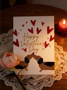 1张可爱腊肠犬情侣情人节贺卡，甜蜜小狗亲吻爱心卡，送给情侣、爱人和爱狗人士 - 多色 - 查看 2