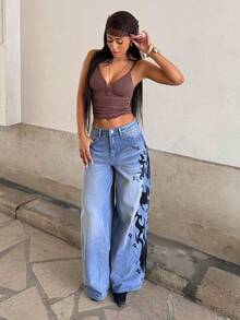 StreetHx Women's Casual Versatile Flame Pattern Pocket Button Flare Leg Jeans For Daily Wear - Light Wash - View 4