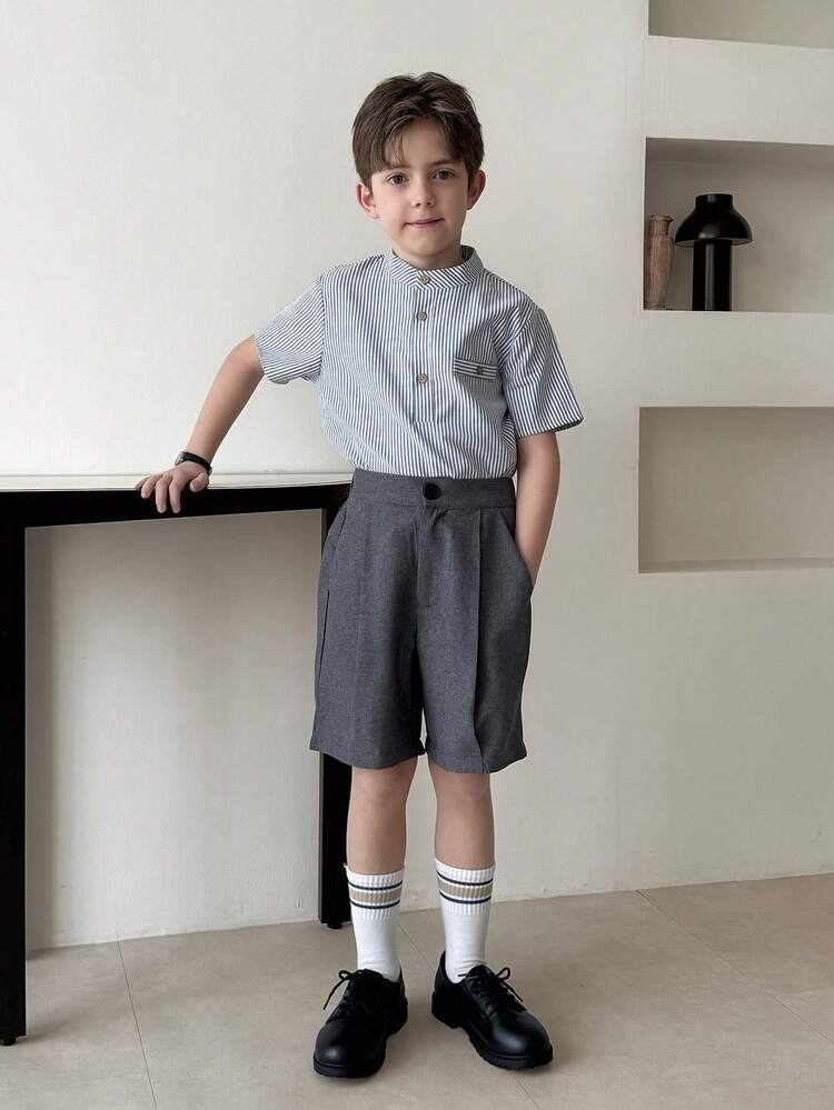 Tween Boy Striped Short Sleeve Button-Up Casual Shirt