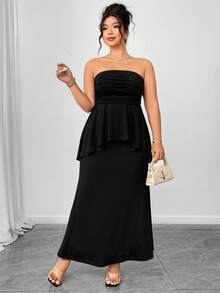 Elenzga Plus Size Women 2pcs Set Knitted Elastic Cropped Camisole Top & Asymmetric Fishtail Skirt Suit, Elegant Black Outfit - Black - View 6