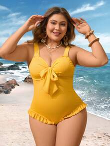 SHEIN Swim Lushore Bộ đồ bơi liền thân màu vàng thanh lịch, ngọt ngào dành cho nữ, cỡ lớn, thích hợp cho khu nghỉ dưỡng bãi biển mùa hè, chất liệu vải mềm mại, thoải mái, đồ bơi liền thân cỡ lớn. - Màu vàng - Xem 7