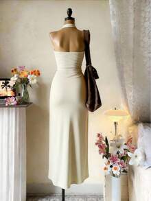SaltGleam SaltGleam Women's Elegant Sexy Solid Color Hollow-Out Patchwork High Slit Halter Dress, Summer - Light Yellow - View 2