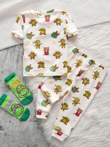 TEENAGE MUTANT NINJA TURTLES | SHEIN Bộ đồ ngủ ngắn tay và quần legging hình Rùa đột biến cho bé trai - trắng - Xem 2
