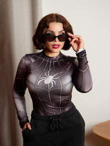 Lupita Cardoza Y2K Amplova 女式蜘蛛印花长袖立领紧身衣，深色时尚风格女式紧身衣万圣节紧身衣蜘蛛网紧身衣 - 黑色 - 查看 6