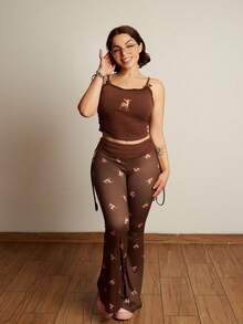 Lupita Cardoza 可爱鹿刺绣蕾丝上衣搭配鹿印花喇叭裤 - 棕色 - 查看 5