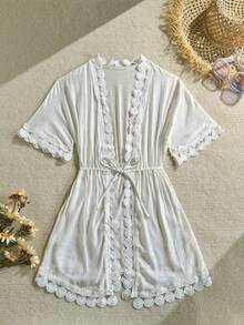 Swim Vcay 女士优雅蕾丝边罩衫，适合海滩、泳池、夏季度假 - 白色 - 查看 3