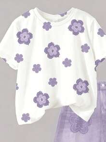 Vintage Cute Floral Pattern, Tween Girl Casual Minimalist Short Sleeve Round Neck T-Shirt And Shorts 2-Piece Set, Suitable For Spring/Summer Daily Wear, Home, School, Spring & Summer Outfits For Outing, Sets For Girls, Stylish Kids, Casual Wear, Kids Floral Graphic Clothes, Spring & Summer Fashion, Spring & Summer Clothes - Multicolor - View 6