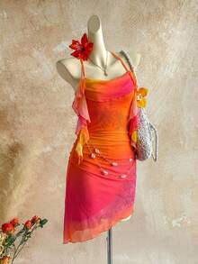 Soleia 女士渐变橙色日落水钻花卉雪纺迷你连衣裙，适合度假、约会、下午茶、海滩、邮轮、海岛度假、城市旅行、音乐节、波西米亚风度假、派对等场合，可内穿或外穿，沙滩套装 - 彩色 - 查看 13