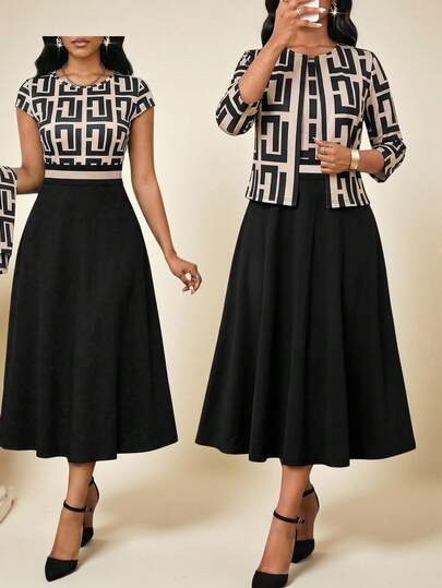 SHEIN Lady Conjunto de 2 piezas de mujer talla grande con chaqueta de manga 3/4 con estampado floral elegante y vestido con empalme en la cintura con estampado floral, adecuado para el trabajo y el transporte, primavera/otoño