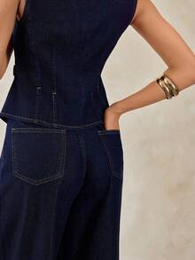 SHEIN Dark Washed Denim Fitted Vest And Wide Leg A Line Jean Set 2 Pieces Denim Sets Woman Suit Denim Outfit Women - Dark Wash - View 3