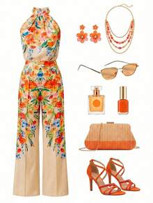 Ellevyn Women's Floral Print Halter Top And Wide Leg Pants Casual 2 Pieces Set - Multicolor - View 1