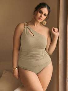 Swim Chiccia Plus Size Women One-Piece Black Asymmetrical Shoulder Swimsuit Beach Outfit - Coffee Brown - View 5