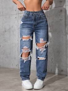 SHEIN ICON 女士口袋做旧锥形休闲百搭牛仔裤 - 中等水洗藍 - 查看 7