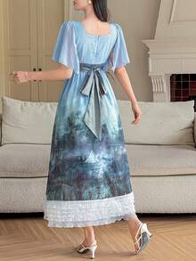 DAZY Women's Elegant Sexy Landscape Print Ruffle Hem Dress, Summer Sun Dresses For Women Golf White - Green - View 2