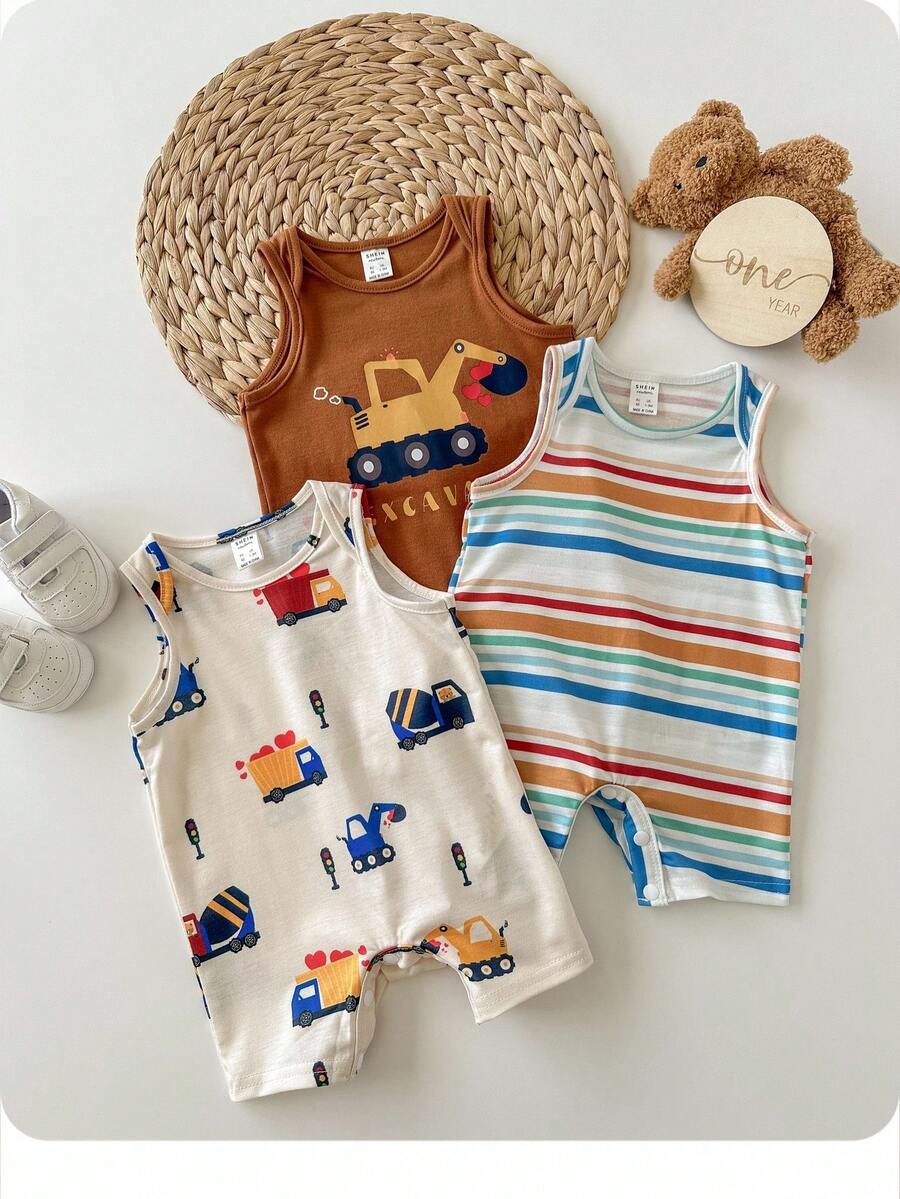 Bộ 3 quần áo liền thân họa tiết sọc và hoạt hình đáng yêu cho bé trai/bé gái sơ sinh mùa hè - Nhiều màu - Xem 1