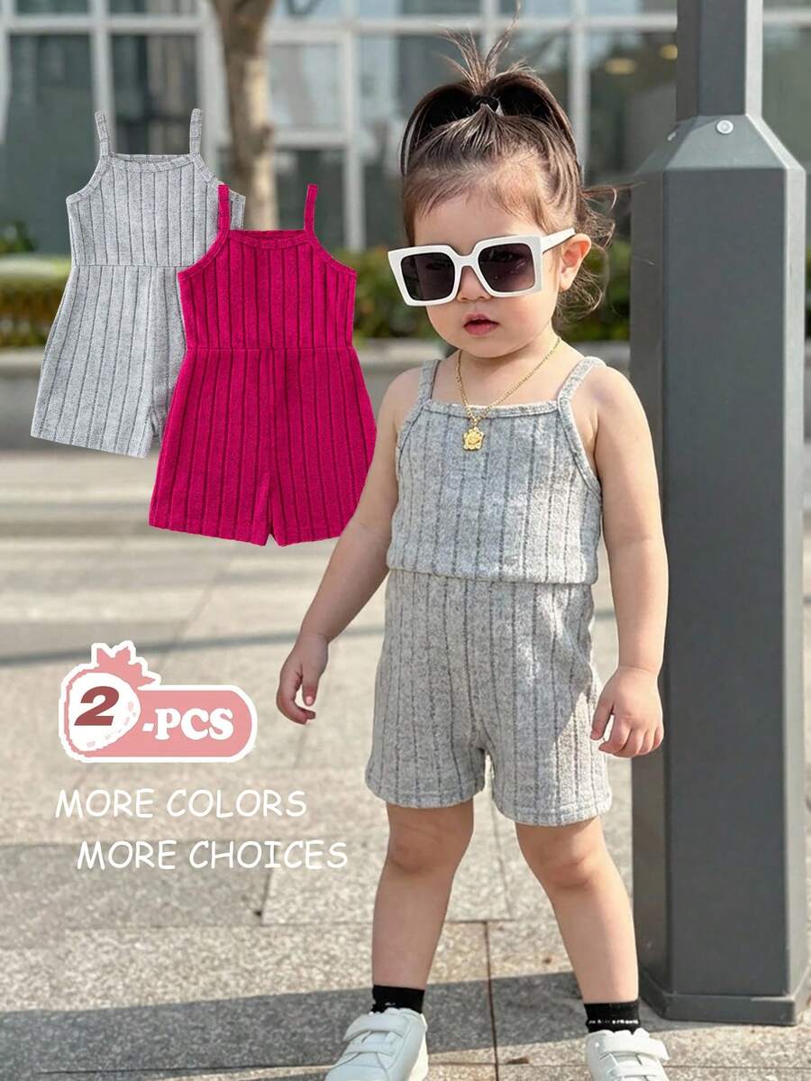 女婴夏季新款无袖罗纹短裤连体衣套装，紫红色/灰色罗纹面料，简约可爱百搭休闲假日连体裤套装 - 彩色 - 查看 1