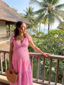 SHEIN 孕妇度假纯色荷叶边下摆打结肩部时尚连衣裙 - 粉色 - 查看 3