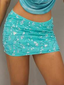 BiaLiraa 性感闪光低腰紧身迷你裙，俱乐部派对装，蓝色 - 藍色 - 查看 4