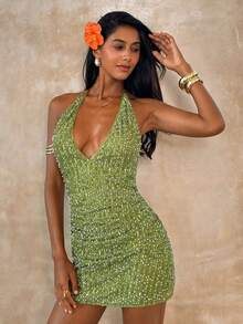 SHEIN Glamour 新款女士浅绿色亮片性感露背吊带迷你连衣裙 - 綠色 - 查看 1