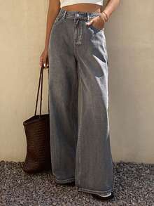 Livesso Quần jeans nữ dáng rộng, rách nhẹ, thích hợp cho mùa xuân và mùa hè. - Xám - Xem 5