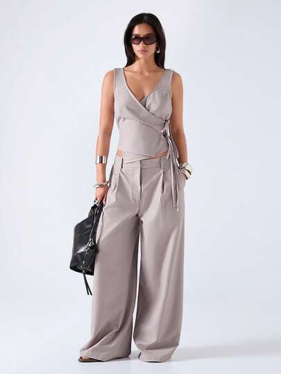 LYSMO Damski garnitur w jednolitym kolorze z kamizelką i spodniami wiązanymi po bokach