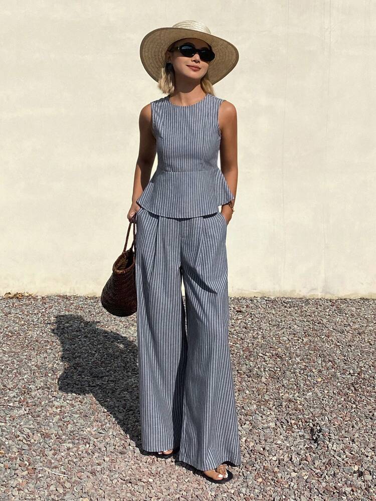 Women's Striped Ruffle Hem Sleeveless Top And Wide Leg Pants Casual 2 Pieces Set Summer