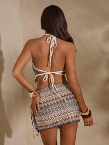 SHEIN Glamour Conjunto de 2 piezas de estilo minimalista y romántico para vacaciones, con top de mujer de halter sin espalda de ganchillo de colores, falda ajustada de mujer, adecuado para vacaciones y salidas casuales, conjunto de playa, conjunto de verano de 2 piezas para mujer multicolor de punto - Multicolor - Ver 2