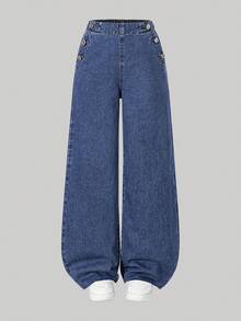 少女休闲牛仔裤，时尚百搭直筒水洗深蓝色牛仔裤，适合所有季节 - 藍色 - 查看 3