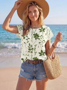 Sylviya Áo sơ mi nữ cổ bẻ họa tiết hoa retro, kiểu dáng thường ngày, thích hợp cho mùa hè, đi chơi, thanh lịch. - màu xanh lá - Xem 4