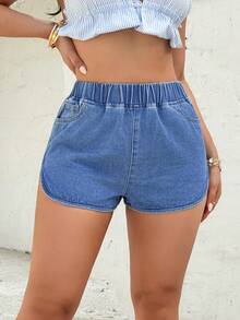 Rivivi 松紧腰牛仔短裤，休闲度假 - 藍色 - 查看 4