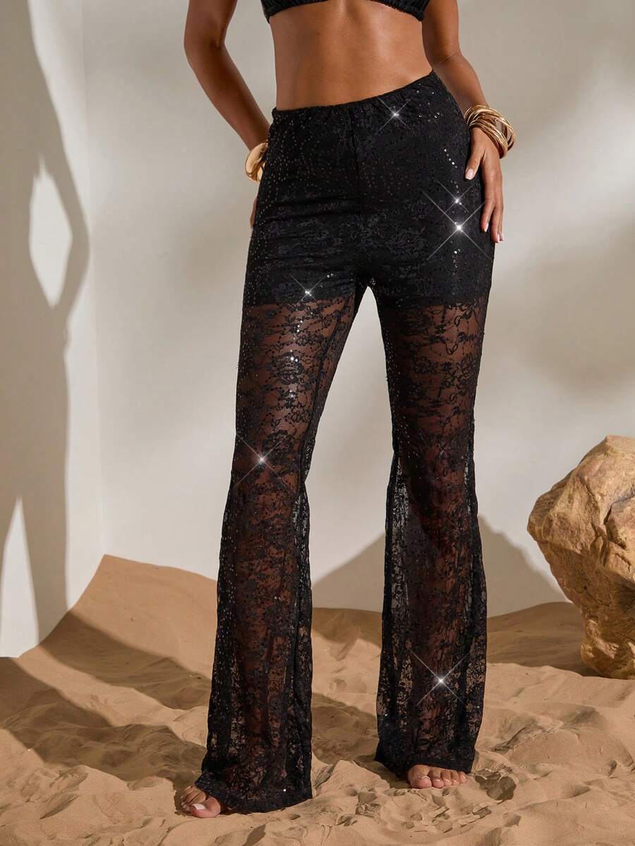 Opulessa Pantalones de punto de unicolor para mujer, primavera/verano - Negro - Ver 1