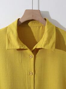Franclia 女士休闲通勤百搭衬衫，插肩短袖，两侧抽绳，前开襟翻领，竹纤维面料，春夏黄色。女士休闲衬衫，女士优雅衬衫，女士服装衬衫，女士度假衬衫，女士外出衬衫，黄色衬衫，女士黄色衬衫，纽扣衬衫，抽绳上衣 - 黃色 - 查看 6