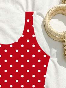 SHEIN 少女连体泳衣，红白波点针织面料，休闲时尚优雅泳装，适合游泳、夏季度假、海滩、泳池、节日派对等场合。 - 酒紅色 - 查看 5