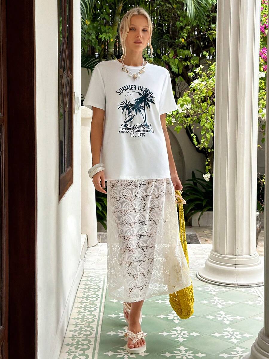 MainGRL Vacation Style White Women's Holiday Palm Tree Print Short Sleeve T-Shirt And Shell-Patterned Lace Mini Skirt Two Piece Set Beach Outfit Easter Summer Look Summer Outfit - White - View 1