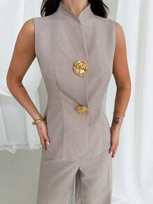 Firerie 女士春夏新款优雅亚麻竹编打结圆领收腰纽扣衬衫搭配高腰直筒阔腿裤套装，亚麻日常通勤度假装，通勤、优雅、休闲、工作服 - 杏色 - 查看 8