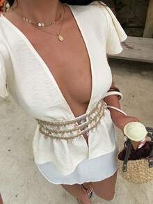 Aloruh 女士性感开襟纯色流苏装饰音乐节衬衫 - 杏色 - 查看 9