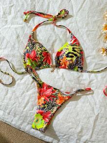 Elavelle Conjunto de bikini sexy con decoración metálica y estampado aleatorio para mujer, conjunto de ropa de playa de verano - Multicolor - Ver 3