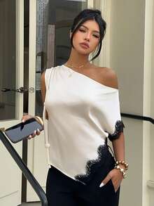 Siren Gaze 女士蕾丝拼接缎面衬衫，春夏新品 - 杏色 - 查看 5