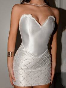 Poshira Sequin Glitter Fitted Cocktail Dress, High-End Elegant Party Gown Women's Sequin Mermaid Formal Evening Gown One Shoulder Formal Dress Purple Women Evening Dress Gowns Glamorous Dress Dress Elegant Gala Dress Elegant Valentines Dress Elegant Dress Sequin Dress Pink Red Dress Floral Dress Valentines Dress Elegant Dress Sequin Dress Floral Dress Luxury Graduation Ceremony, School Opening, Music Festival, Birthday Party, Wedding, Afternoon Tea Gathering, Ball - White - View 1