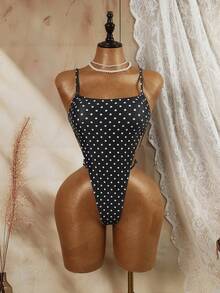 Swim Mod Vintage Polka Dot One-Piece Swimsuit, Slim Fit, Suitable For Vacation & Spa - Black - View 6