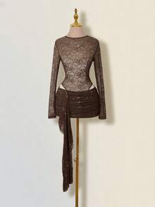 SHEIN ICON Women's Brown Floral Chic Summer Club Night Sheer Round Neck Lace Patchwork Jumpsuit And Mini Skirt 2 Pieces Set,Wedding Guest Party Outfits - Brown - View 1