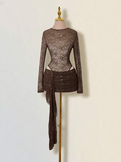 SHEIN ICON Women's Round Neck Lace Patchwork Jumpsuit And Mini Skirt 2 Pieces Set, Fashionable For Dates And Outings