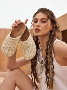 Styleloop Zapatos planos sin cordones para mujer, estilo bohemio, retro americano, bohemio, occidental, festival de música, atuendo de fiesta - Albaricoque - Ver 1