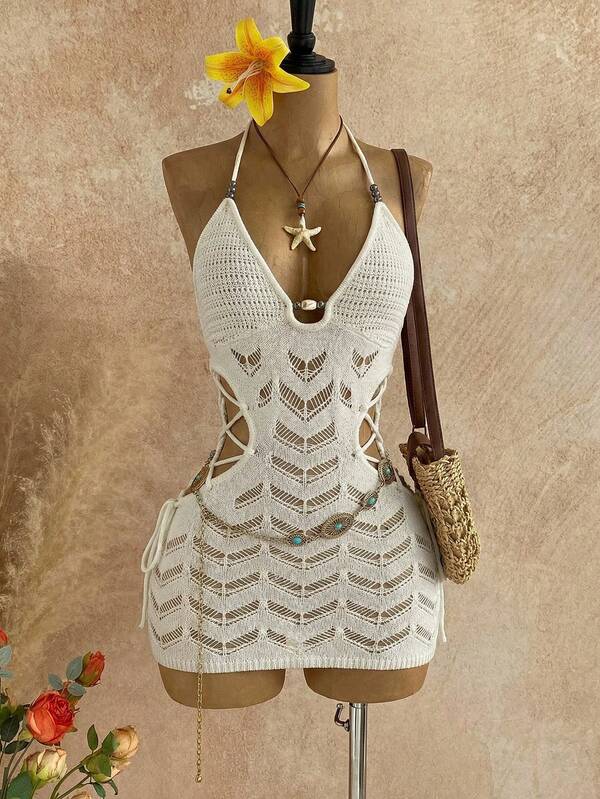 Soleia Women's Solid Color Halter Tie Backless Hollow Out Design Sexy Vacation Date Knitted Dress