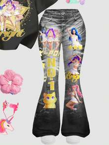 SHEIN 时尚套装，动漫风，少女休闲卡通图案圆领短袖T恤和喇叭裤两件套，适合夏季穿着 - 彩色 - 查看 6