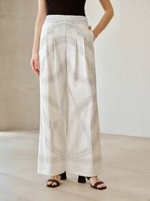 MOTF PREMIUM HIGH WAIST PRINTED PATTERN WIDE LEG CASUAL MINIMALIST LONG PANTS FOR WOMEN - White - View 2