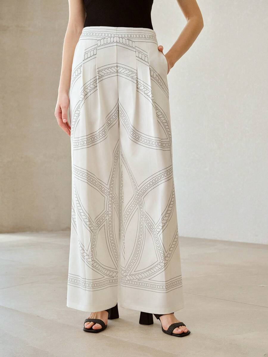 MOTF PREMIUM HIGH WAIST PRINTED PATTERN WIDE LEG CASUAL MINIMALIST LONG PANTS FOR WOMEN - White - View 2